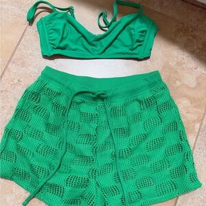 Target Green Women's Swim Bikini Top and Crochet Cover Shorts never worn
